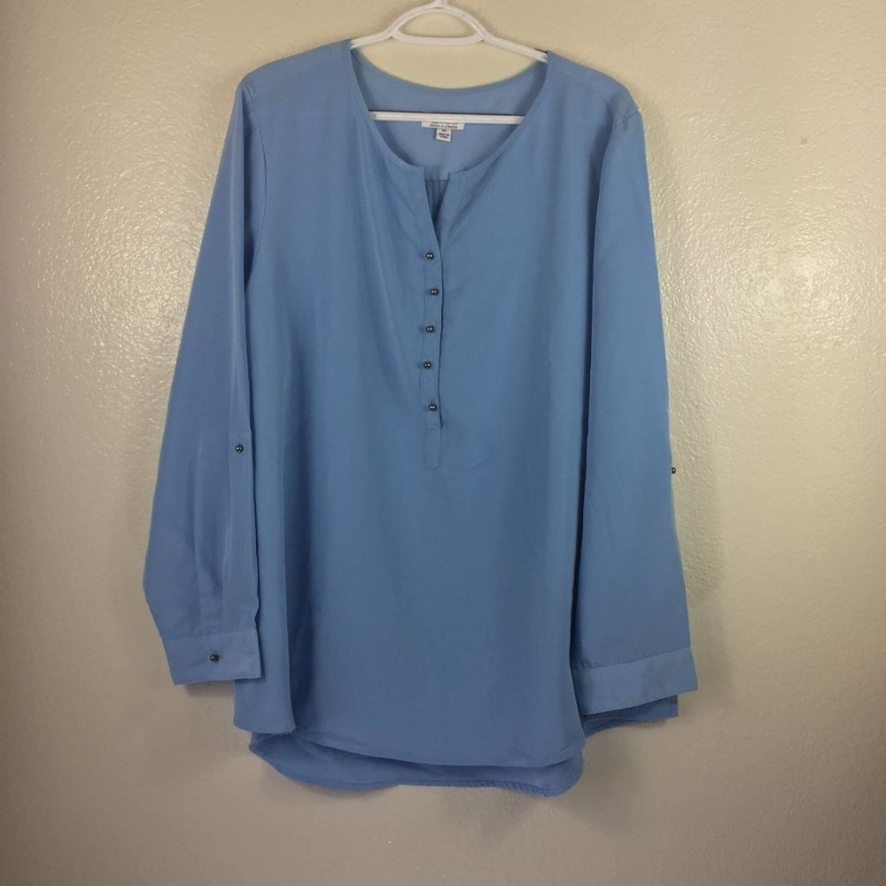 Soft Blue Long Sleeve Blouse with Metal Buttons